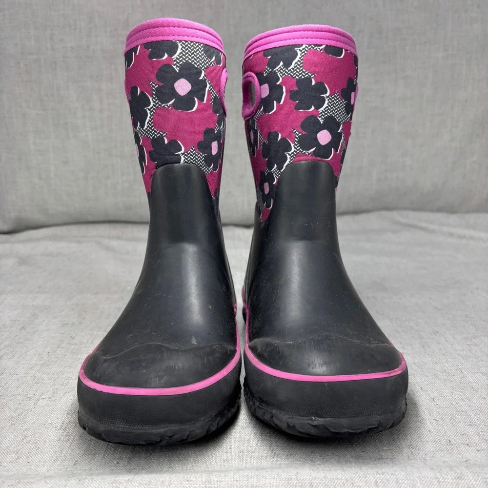 Bogs Grasp Rain Boots Black Pink Floral Waterproof Winter Boots Kids Youth Sz 2